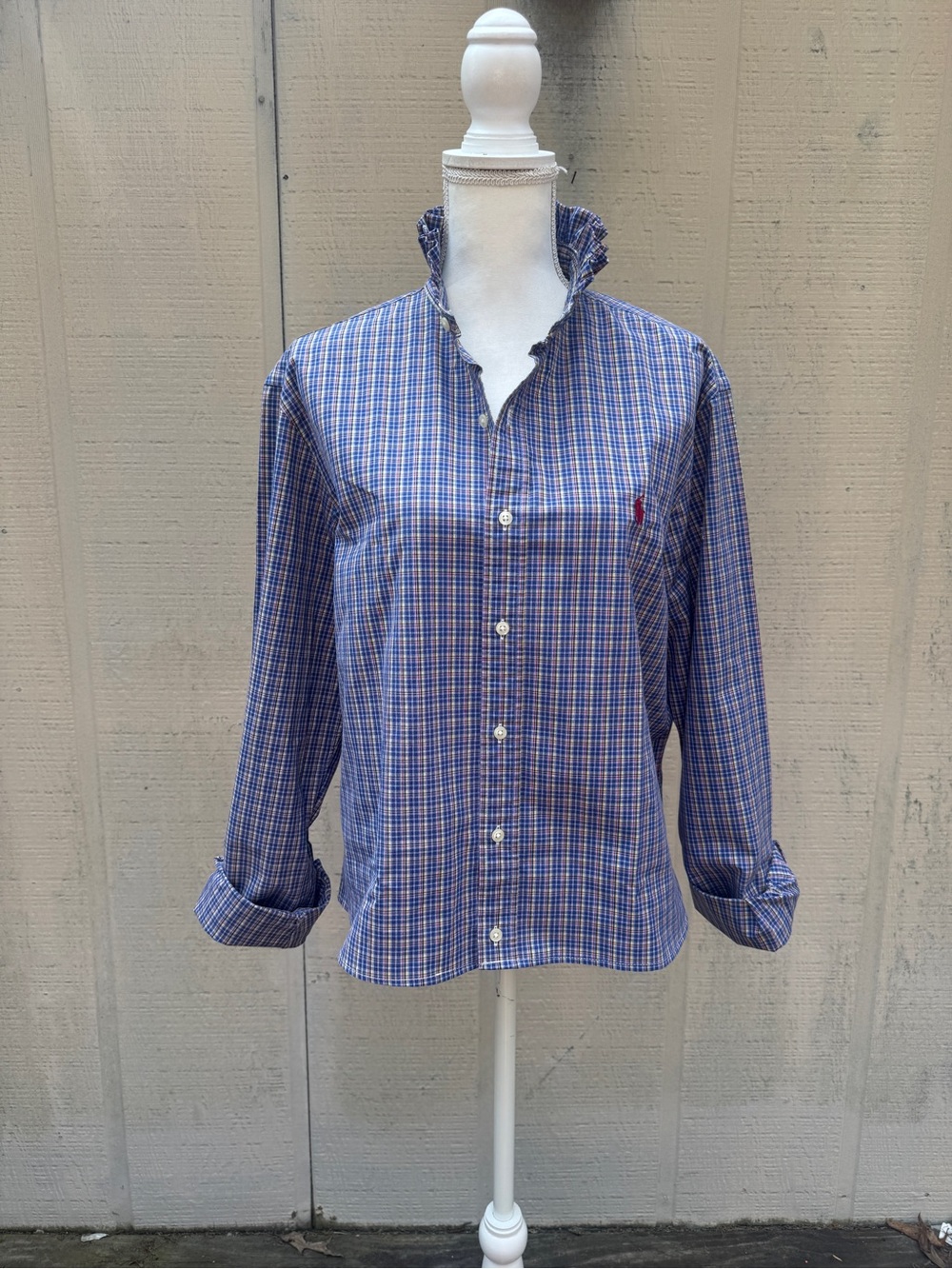 Polo by Ralph Lauren Refashioned Blue Plaid Ruffled Collar Cropped Button Down